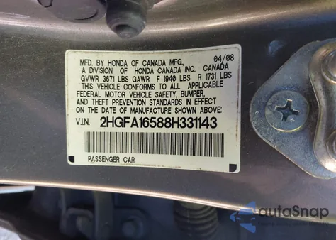 2008 Honda Civic Lx from USA, damaged, VIN 2HGFA16588H331143